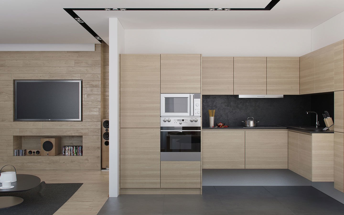 Phòng bếp gọn gàng đồng bộ thiết kế với chung cư