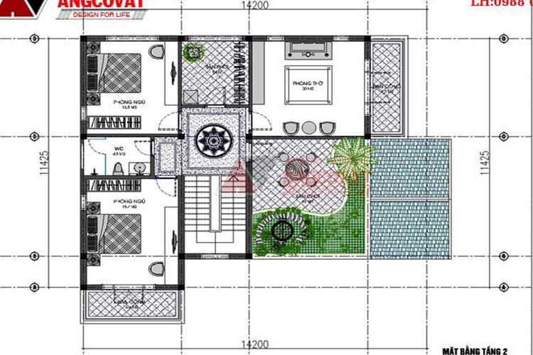 Mẫu thiết kế nhà vuông 2 tầng mái thái 4 phòng ngủ