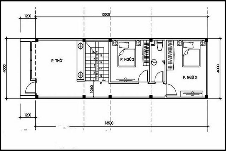 Mặt bằng tầng 2 mẫu  nhà ống 2 tầng 3 phòng ngủ diện tích 4x14m