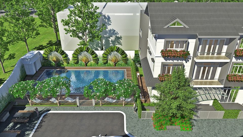 Không gian xanh với bể bơi ngoài trời tại khu biệt thự Louis Garden