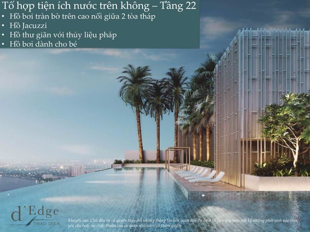Hồ bơi vô cực trải dài 70m uốn lượn như 1 dòng sông trên tầng sân thượng là điểm nhấn của D’Edge lấy ý tưởng từ hồ bơi của tòa nhà Marina Bay Sands biểu tượng Singapore