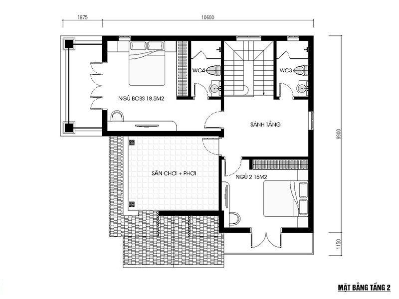 Bản vẽ thiết kế tầng 2 nhà 2 tầng 3 phòng ngủ