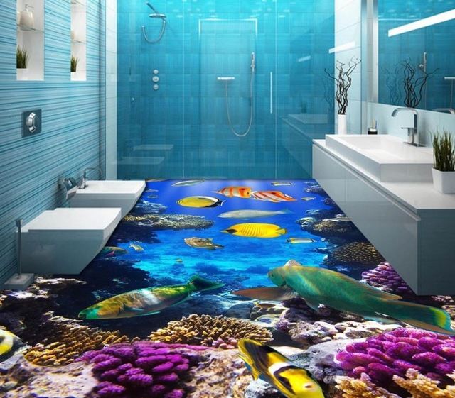 Mẫu phòng tắm 3D chủ đề đại dương giúp không gian thêm rộng thoáng và đẹp mắt hơn