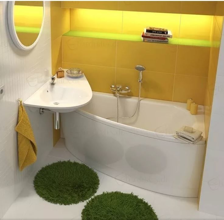 Mẫu phòng tắm trong phòng ngủ sử dụng bồn tắm nhỏ cá tính với tông màu vàng nổi bật