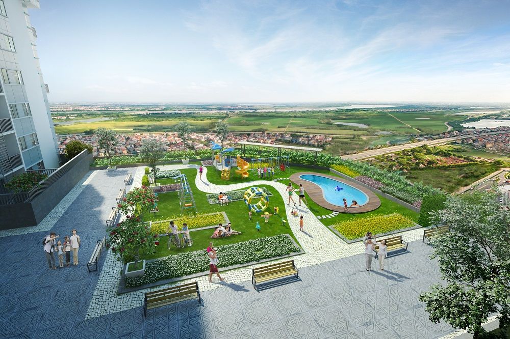 Tầng 5 được thiết kế với bể bơi, vườn cây xanh và sân chơi cho trẻ em dự án Chung cư The Two Residence - Gamuda Garden