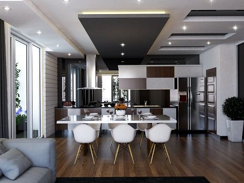 Thiết kế mẫu trần thạch cao phòng khách và bếp kiểu giật cấp sang trọng