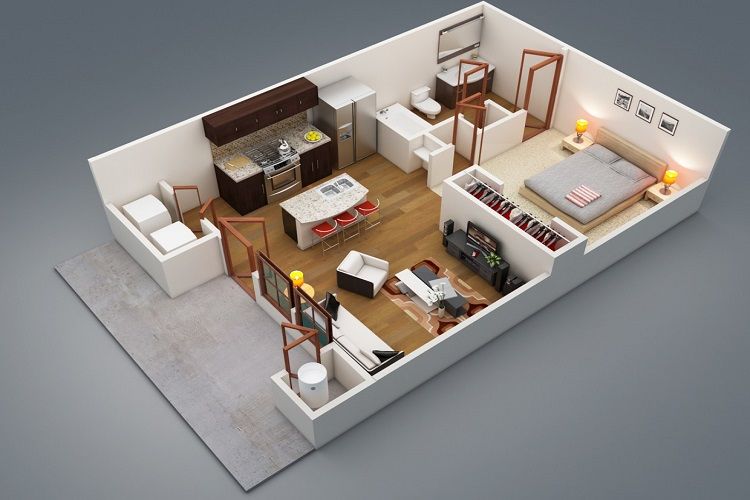 Mẫu thiết kế căn hộ 1 phòng ngủ +1 đẹp tiện nghi với 50m2
