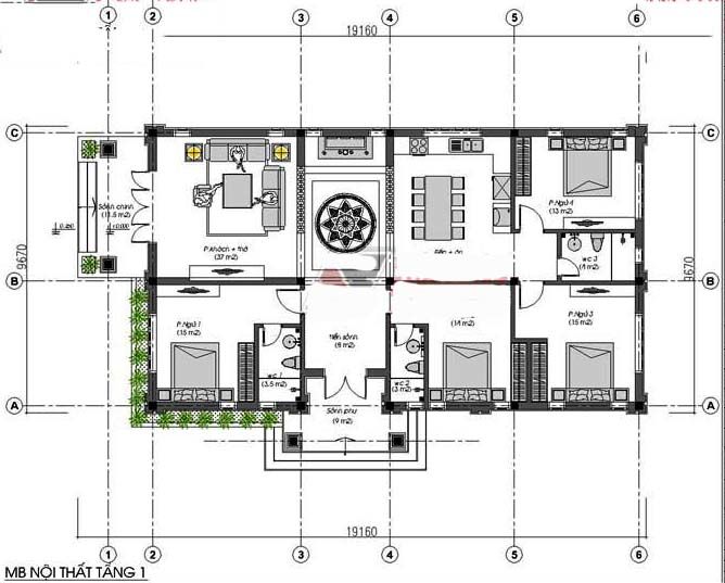 Thiết kế mẫu biệt thự 1 tầng 4 phòng ngủ mái thái đẹp BT1T67
