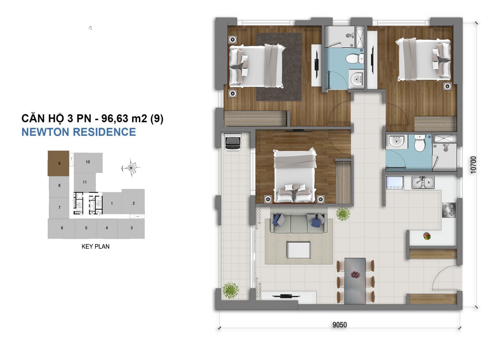 Mẫu căn hộ 3 phòng ngủ dự án Chung cư Newton Residence