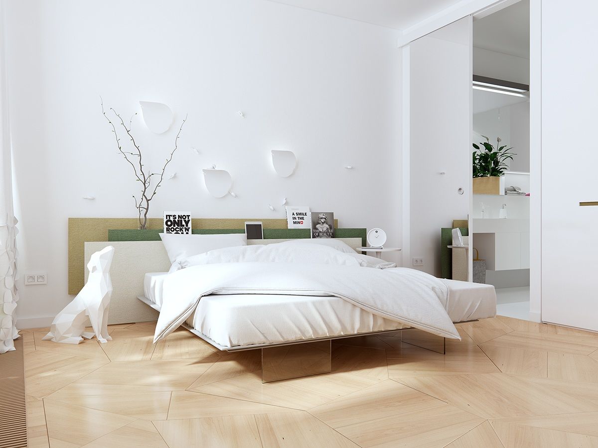 Phong ngủ sử dụng gam màu trắng chủ đạo khiến cho sàn nhà lát gỗ hình đa giác độc đáo trở nên ấn tượng