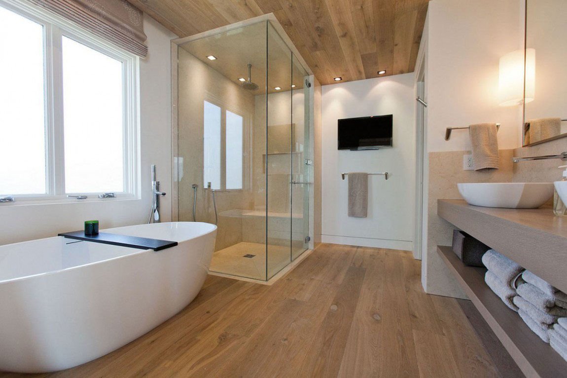 Sử dụng sàn gỗ giúp căn phòng tắm trở nên hiện đại và sang trọng hơn