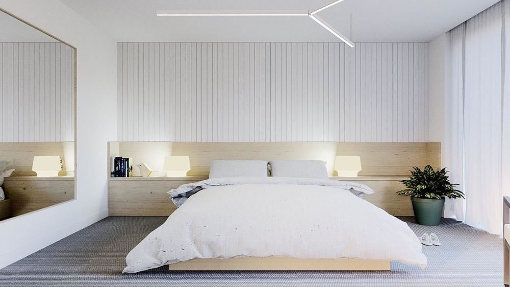 Nội thất tối giản cùng vật liệu tự nhiên mang tới căn phòng ngủ đơn giản nhưng vô cùng tinh tế