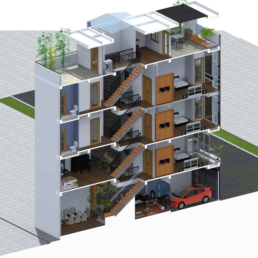 Mặt cắt dọc - Mặt bằng mẫu thiết kế nhà phố lệch tầng 4x15m