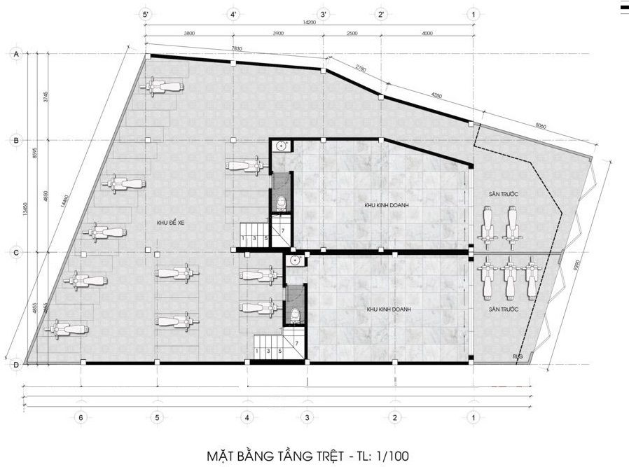 Mặt bằng tầng lửng mẫu thiết kế phòng trọ cho thuê 3 tầng