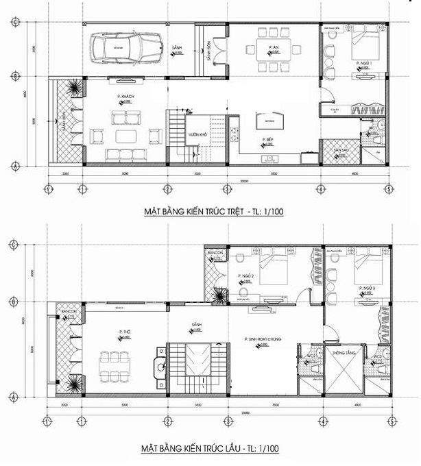 ản vẽ thiết kế mẫu nhà ống chữ L 8x20m có chỗ để xe ô tô ngoài trời