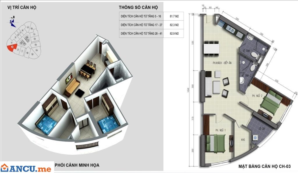 Mặt bằng căn hộ CH03 dự án chung cư VC2 Golden Heart