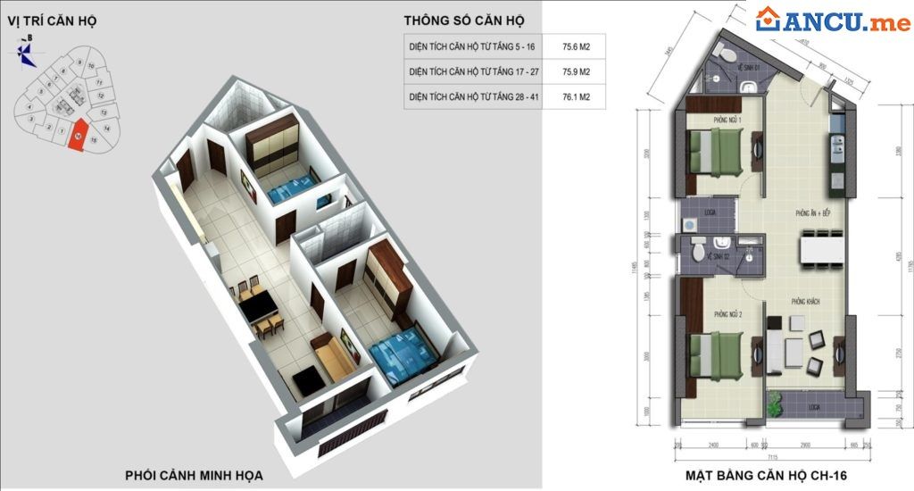 Mặt bằng căn hộ CH-16 dự án chung cư VC2 Golden Heart