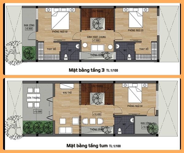 Mặt bằng tầng 3 và tum mẫu thiết kế nhà 4x15m có gara