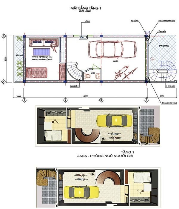 Bản vẽ thiết kế và file 3d nhà 4 tầng 5m×20m tầng 1
