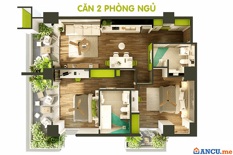 Thiết kế căn hộ 2  phòng ngủ dự án Ariyana Smart Condotel Nha Trang