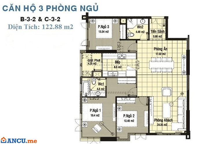 Mặt bằng căn hộ 122.88m2 dự án căn hộ Hyco4 Tower