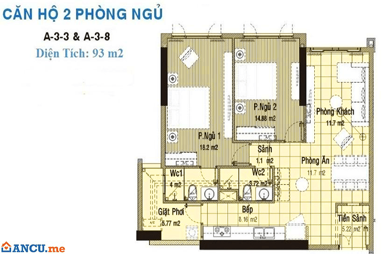 Mặt bằng căn hộ 93m2 dự án căn hộ Hyco4 Tower