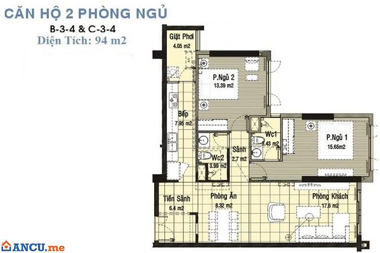 Mặt bằng căn hộ 94m2 dự án căn hộ Hyco4 Tower