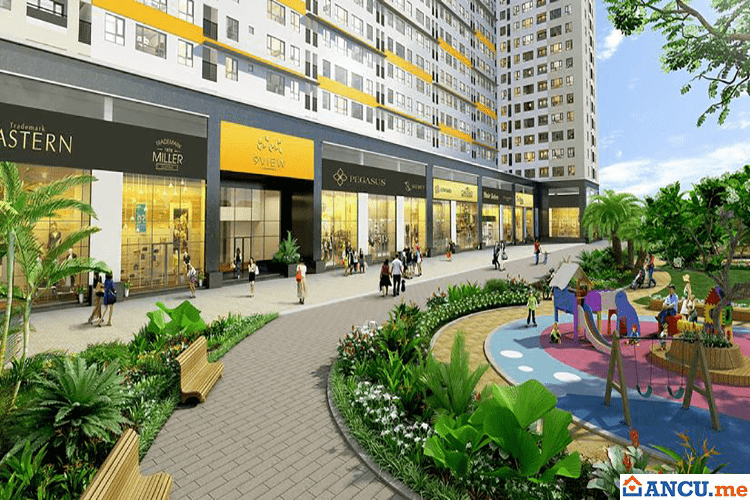 Phối cảnh khu thương mại dự án và vườn đi bộ dự án Chánh Hưng Apartment
