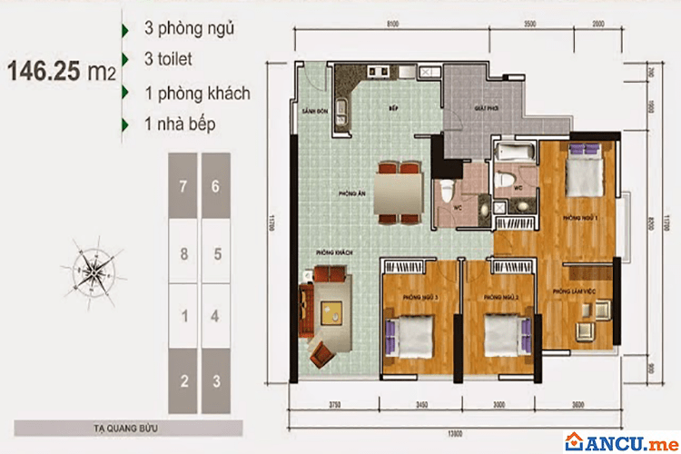 Thiết kế căn hộ 3 phòng ngủ dự án Samland Giai Việt