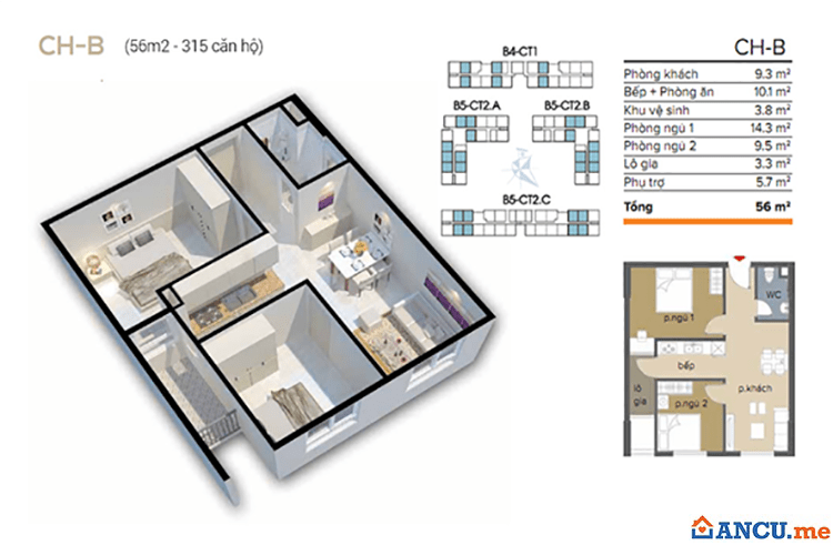 Thiết kế căn hộ 56m2 dự án Chung cư Ecohome 1