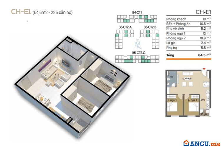 Thiết kế căn hộ 64m2 dự án Chung cư Ecohome 1