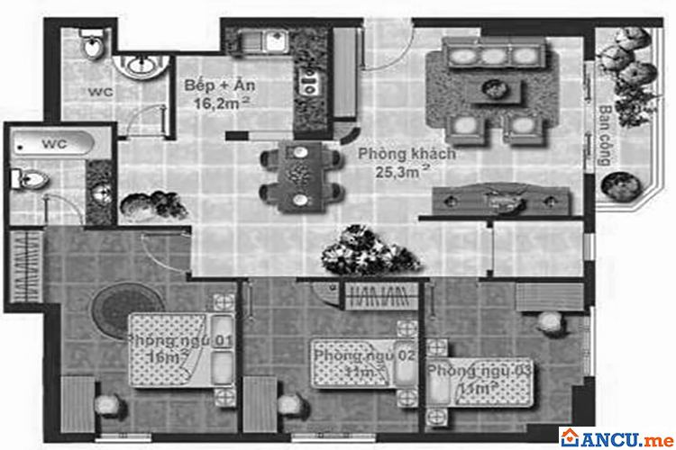 Thiết kế căn hộ mẫu 95m2 dự án Chung cư A.View
