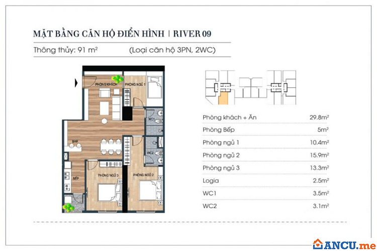 Thiết kế căn hộ 91m2 chung cư Euro River Tower