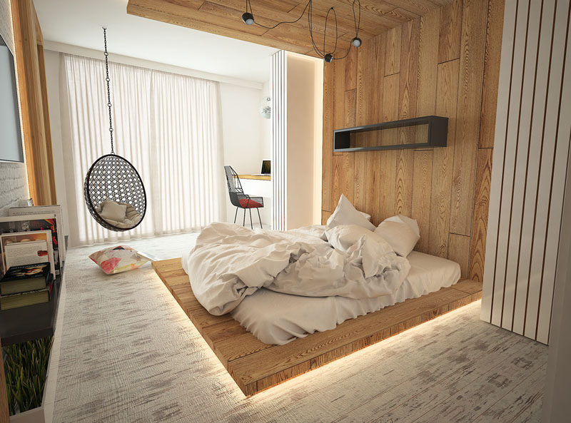 Thiết kế phòng ngủ không giường ấn tượng với điểm nhấn nâng sàn gỗ khác biệt với sàn