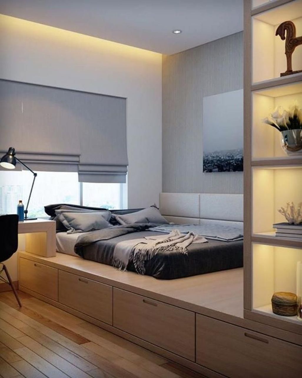 Thiết kế phòng ngủ với đệm kết hợp sàn và tủ lưu trữ thông minh