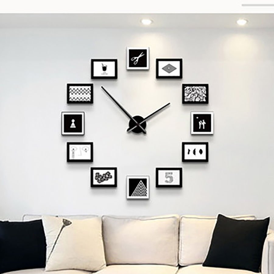 Đồng hồ treo tường phòng khách đẹp kết hợp các khung tranh vô cùng độc đáo