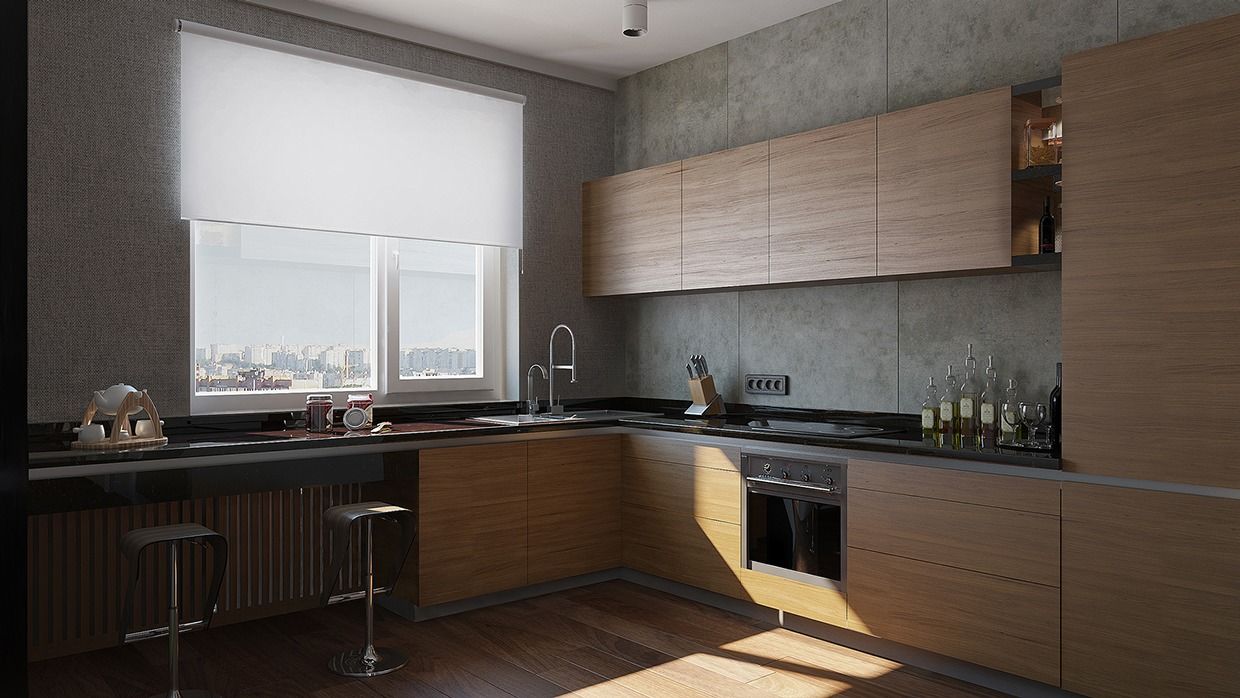 Trang trí nội thất căn hộ chung cư 70m2 khu vực bếp với quầy bar bên cửa sổ