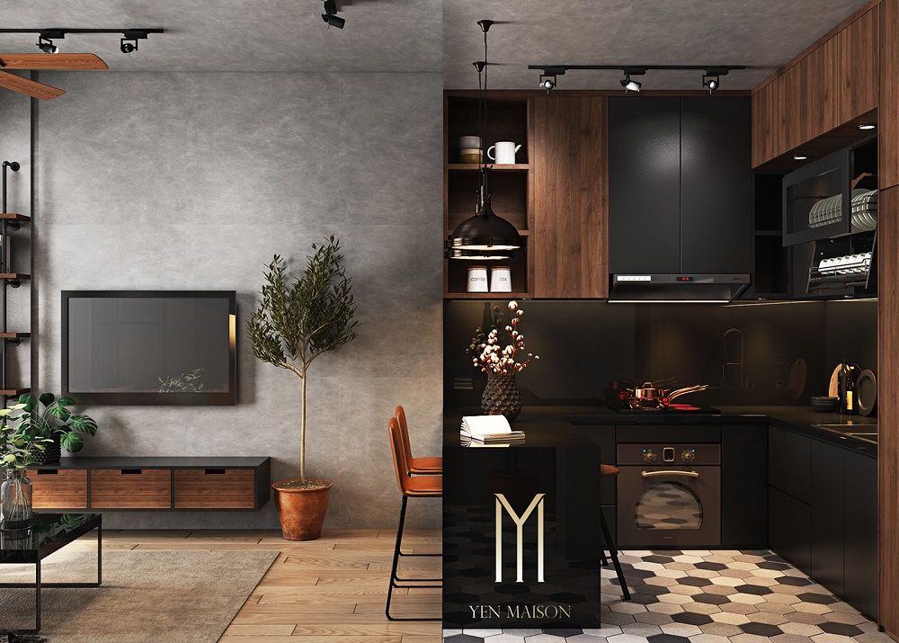 Bếp và phòng khách chung không gian khiến nội thất đồng nhất