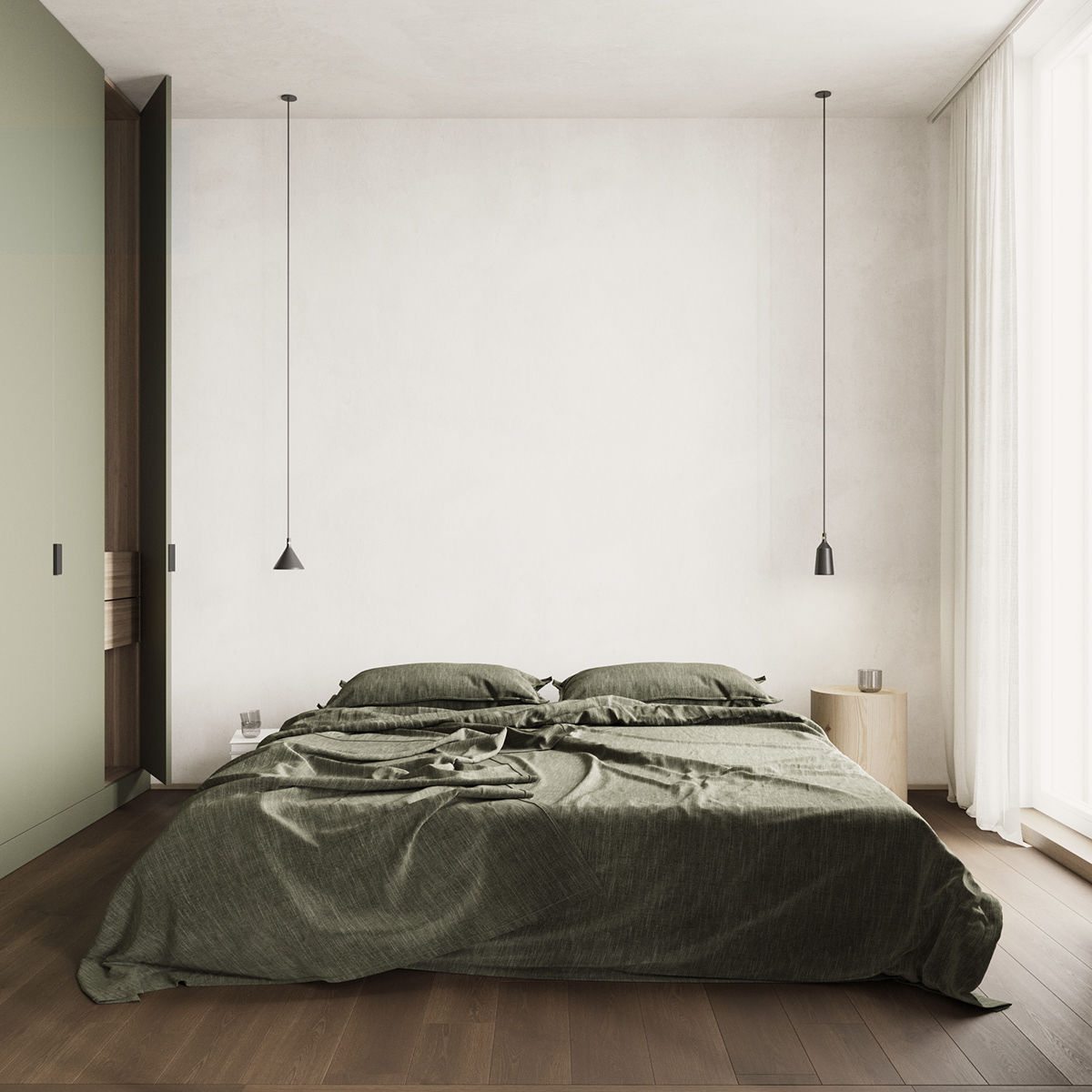 Phòng ngủ sử dụng ga đệm tông xanh lục cùng màu với tủ quần áo âm tường