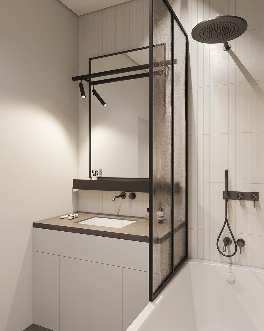 Phòng tắm căn hộ chung cư 45m2 đẹp vẫn đủ để thiết kế bồn tắm kết hợp vòi hoa sen