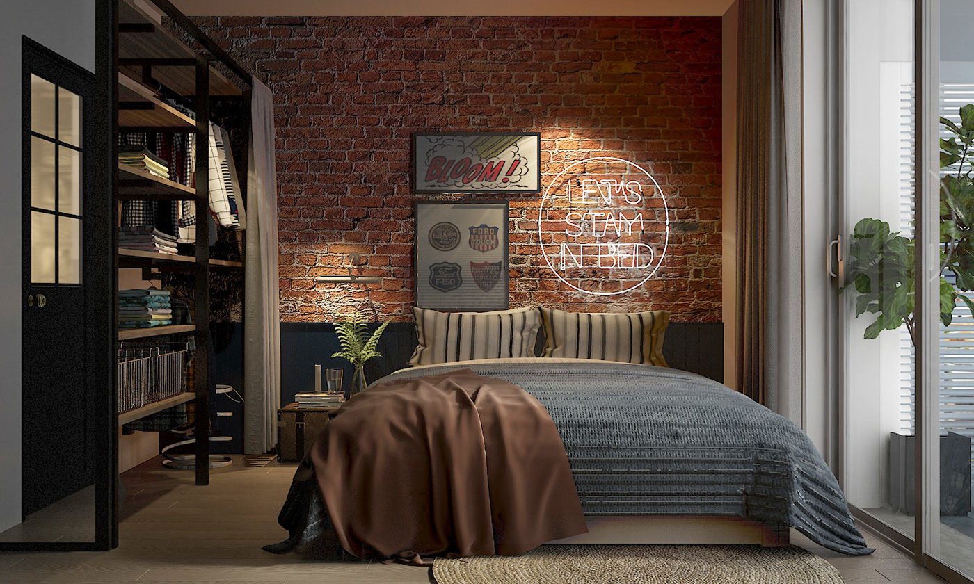 Trang trí phòng ngủ Industrial sáng tạo với tường gạch đỏ cùng dòng chữ và các bức hình