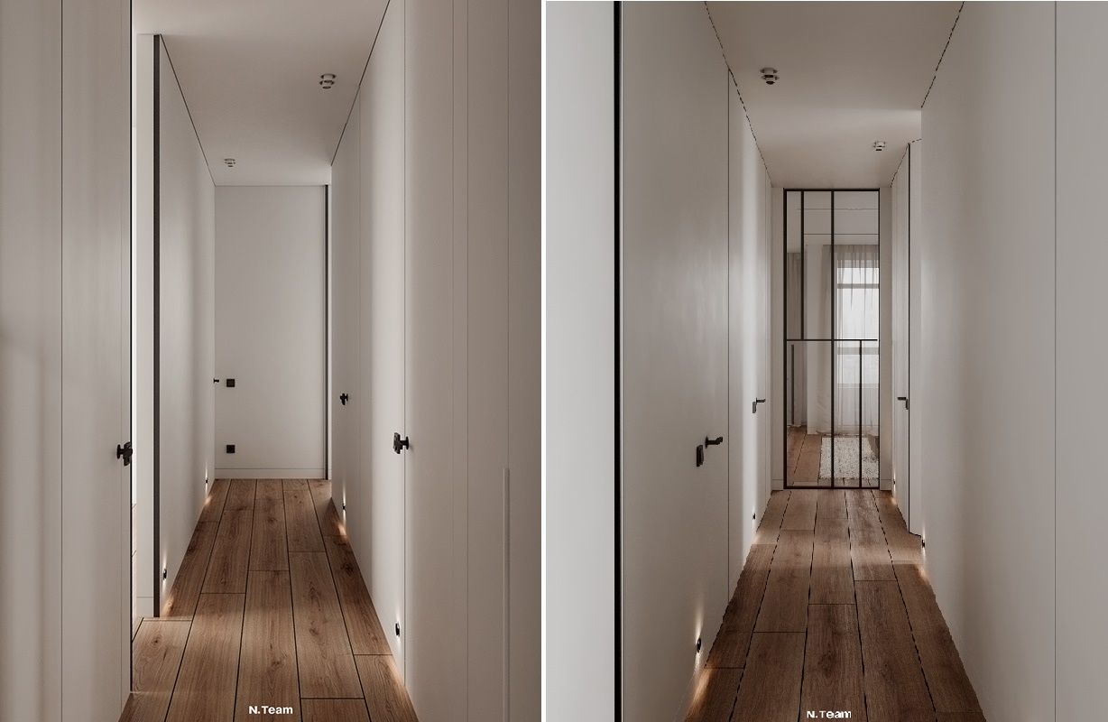 Hành lang dẫn vào các phòng riêng tư hơn trong căn hộ chung cư