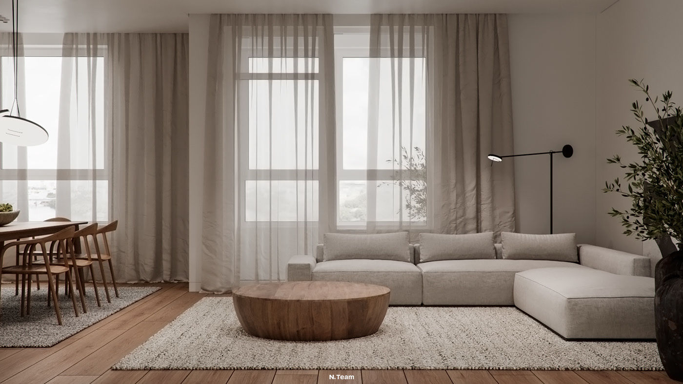 Phòng khách đơn giản với ghế sofa và bàn trà gỗ