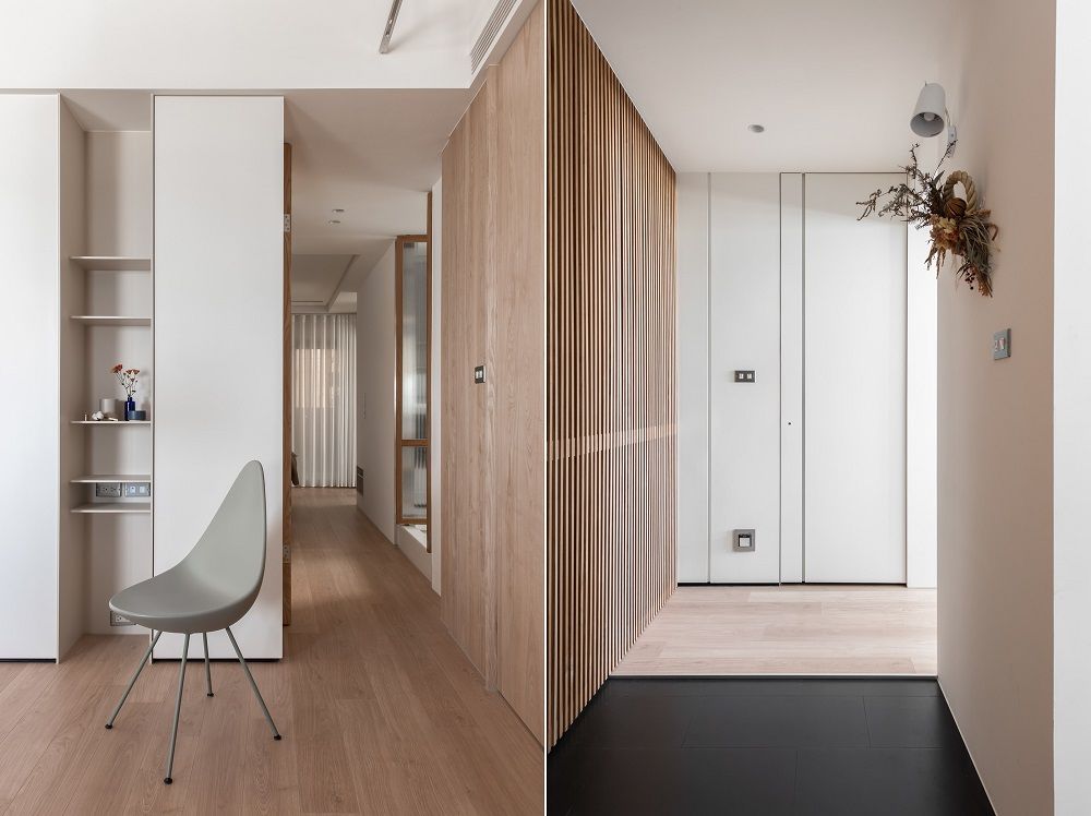 Các hành lang nhỏ trong căn hộ dẫn vào các khu vực chức năng khác, tạo sự yên tĩnh và riêng tư