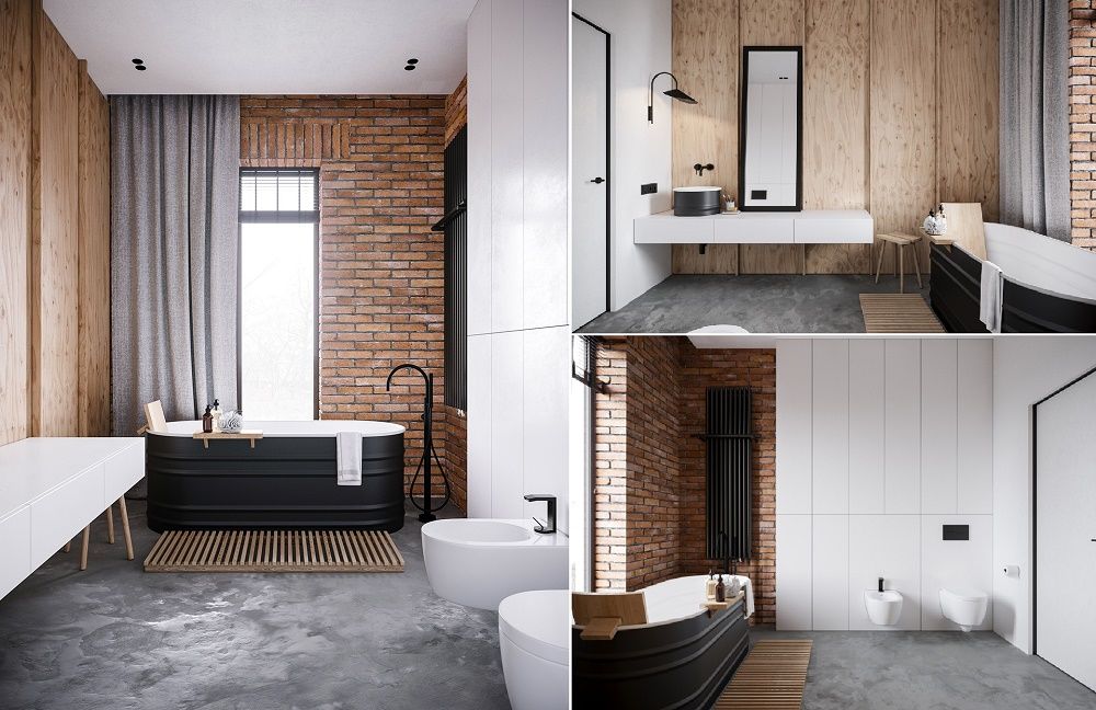 Phòng tắm thiết kế ấn tượng với bồn tắm đen, chậu rửa có hình dạng thùng và đèn độc đáo