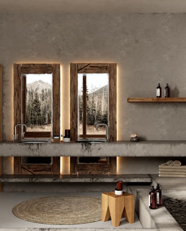 Cửa kính khung gỗ mộc mạc có lắp đèn led giúp phòng tắm thêm phần thư thái