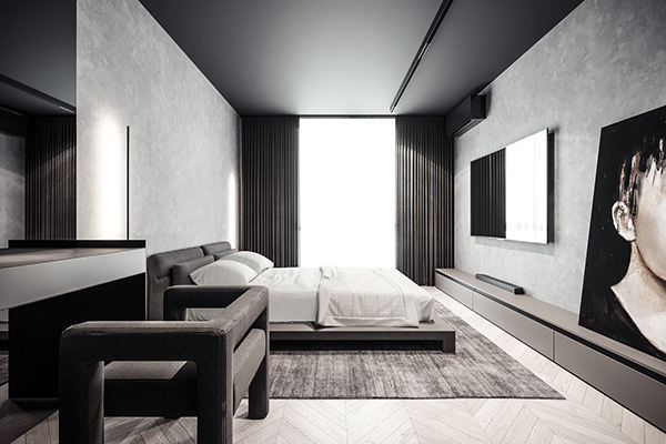 Một mảng tường kính giúp mang ánh sáng vào phòng ngủ