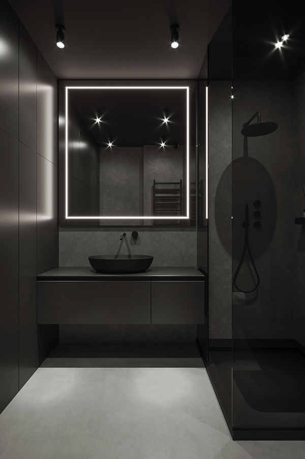 Phòng tắm bên ngoài nhà với tông đen và đèn chiếu sáng vô cùng hiện đại