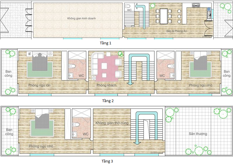 Mặt bằng mẫu thiết kế nhà phố kết hợp kinh doanh 3 tầng