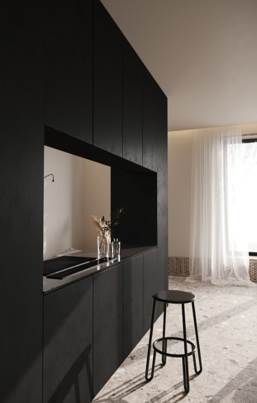Tủ bếp gỗ màu đen mang lại sự hiện đại cho không gian